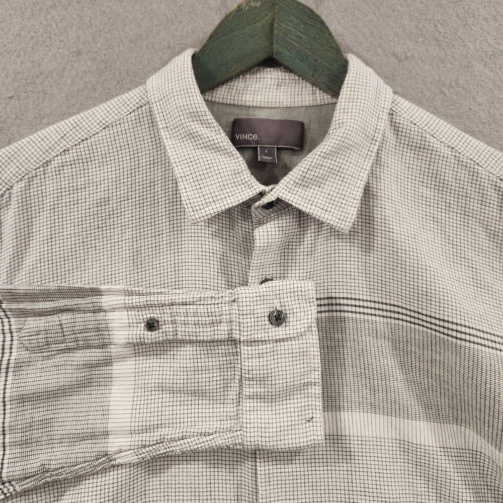 Vince Mens Shirt Long Sleeve Button Down Small Plaid Stripe Gray L 100% Cotton